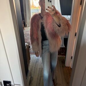 House of Fluff Faux Fur Jacket – Tie-Dye Ombré Blush Pink | Size S